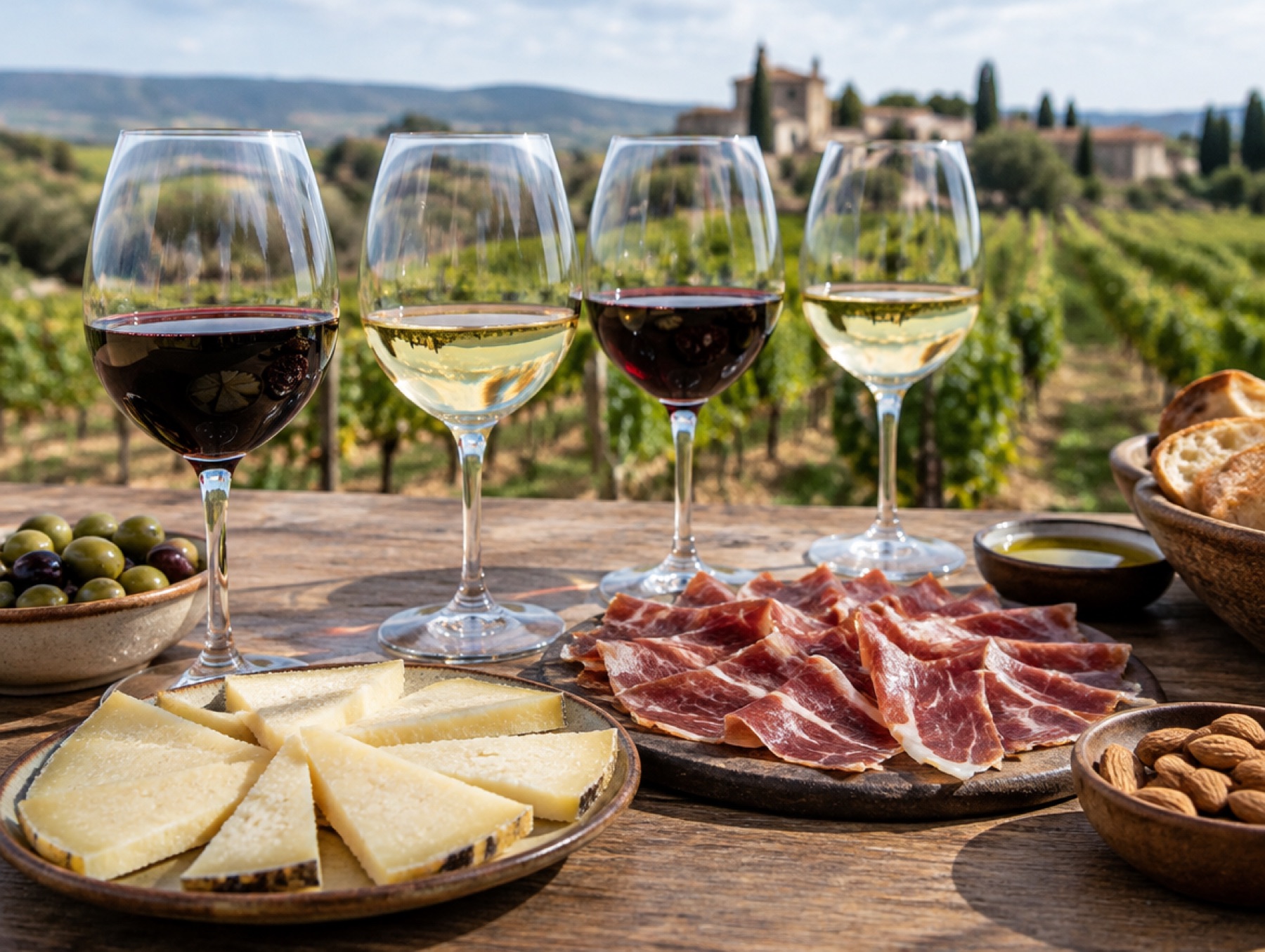 Mesa de cata con vinos y quesos